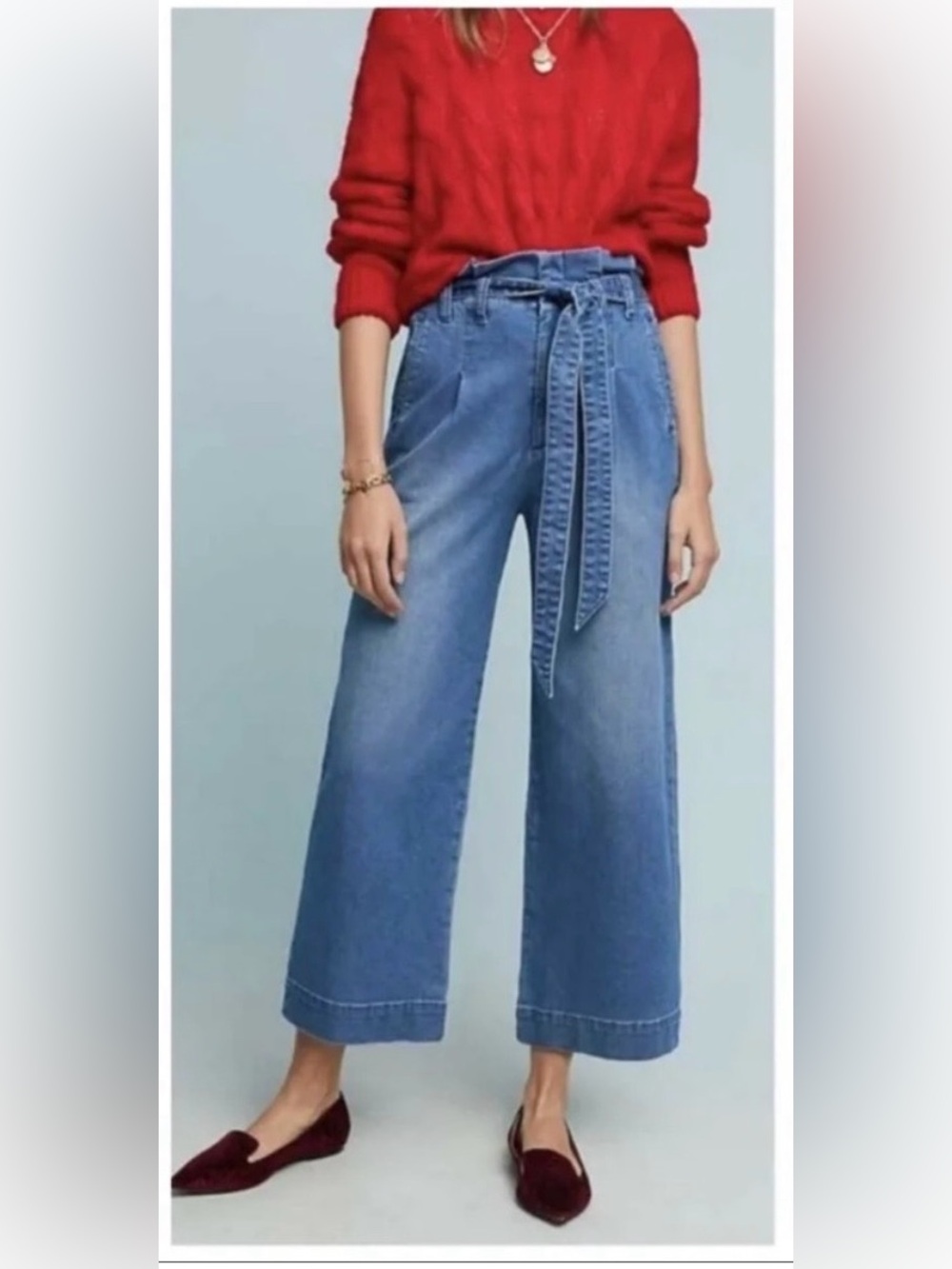Anthropologie Pilcro Denim Culottes Wide Leg Cropped Jeans Tie Waist Size 16
